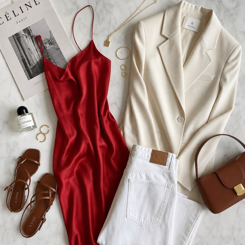Letné módne trendy 2026 — flat lay