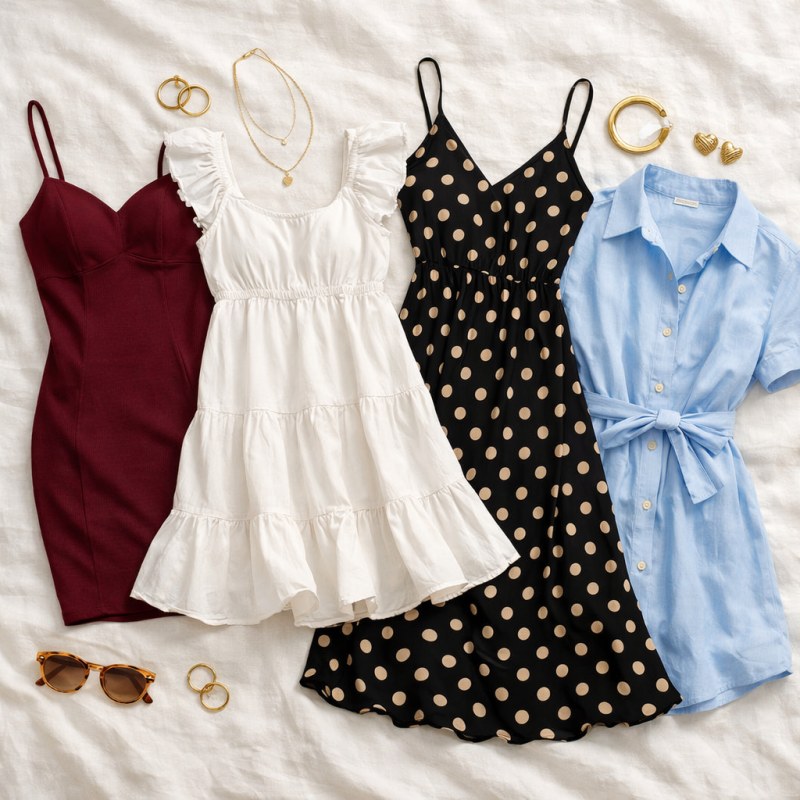 Letné šaty trendy 2026 — flat lay s bodycon, babydoll, poplin a bodkovanými šatami