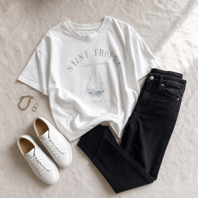 Oversized tričko, džínsy a tenisky — flat lay