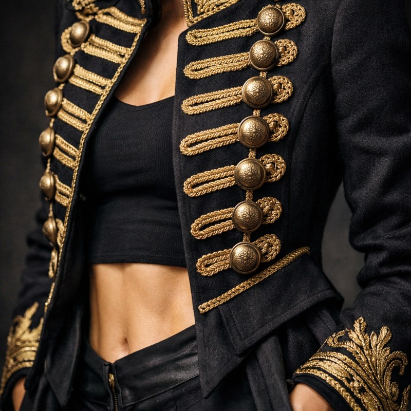 Detail vojenskej vesty s frakovým strihom a zlatou výšivkou